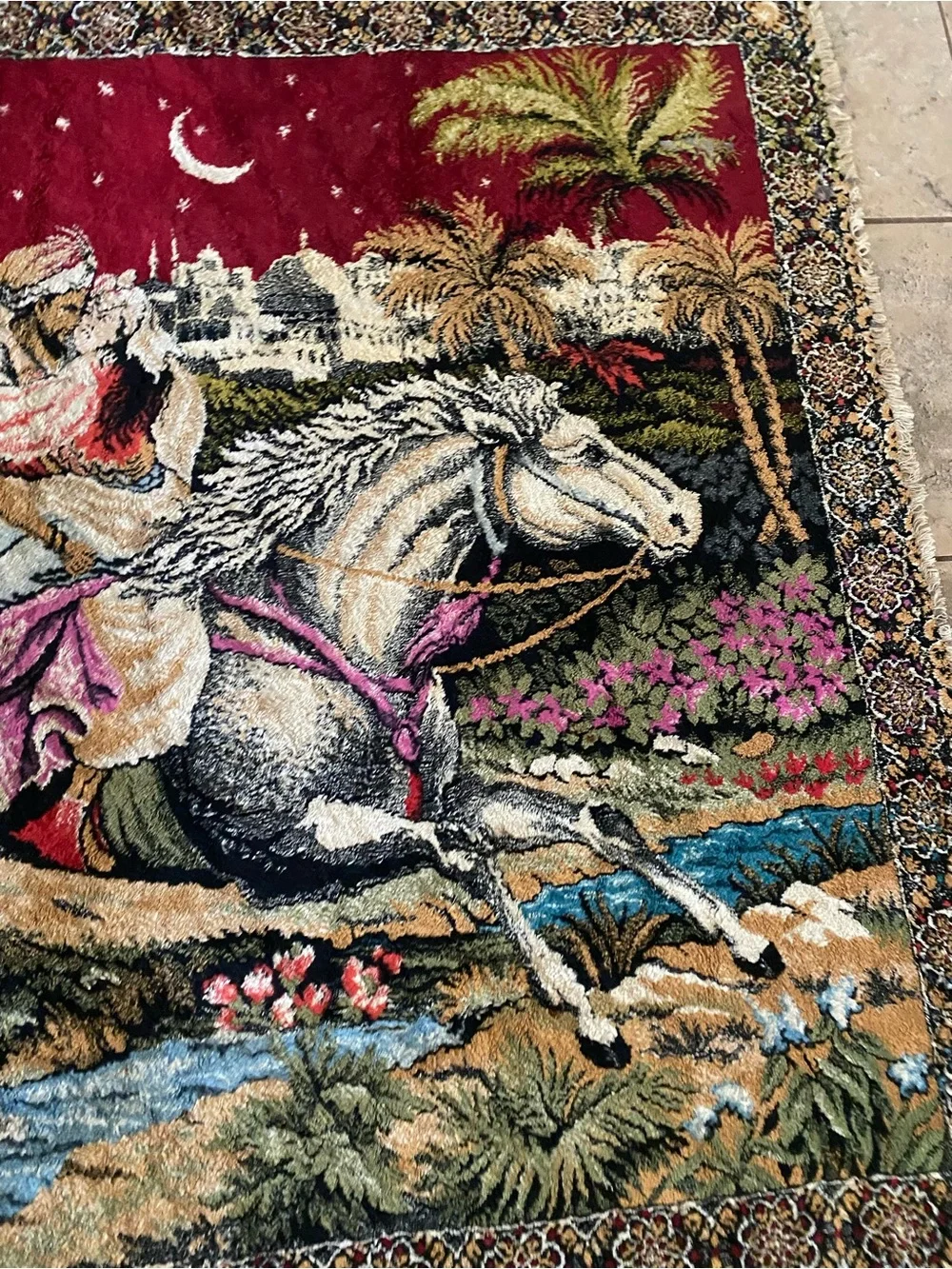 Vintage Arabian Nights Velvet Pictorial Tapestry Wall Hanging Rug Large 68”x46”